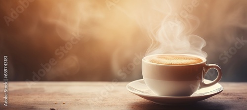 Steaming cup of coffee on table with blurred background, ideal for morning shots and text placement