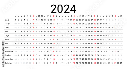 2024 Spanish calendar. Linear planner for year. Yearly horizontal calender template. Table schedule grid. Desk timetable with 12 months. Week starts Monday. Landscape orientation. Vector illustration. photo