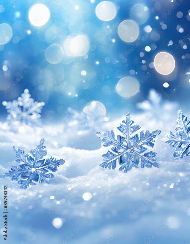 Snowflake Crystals on a bed of Snow - Christmas and Winter Background