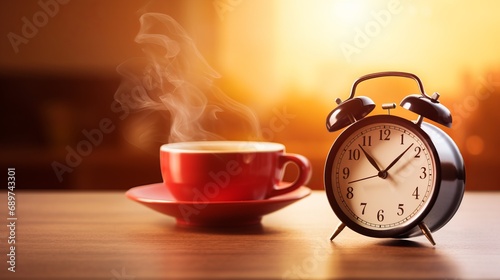 Serene early morning atmosphere with alarm clock and coffee on table, perfect for text placement