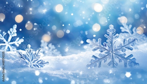Snowflake Crystals on a bed of Snow - Christmas and Winter Background