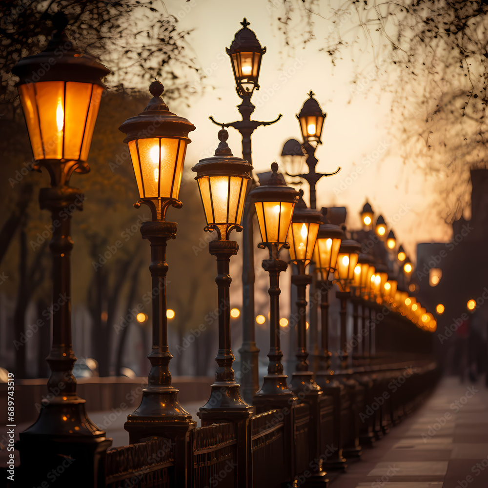 A row of antique street lamps casting warm light