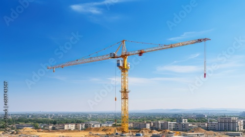 Construction site and yellow lifting crane on blue sky background.