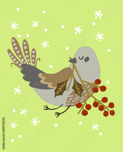 A Christmas pigeon holds a sprig of mountain ash on a green background. Vector postcard with snowflakes and a pigeon on a green background. Festive and decorative illustration EPS 10.