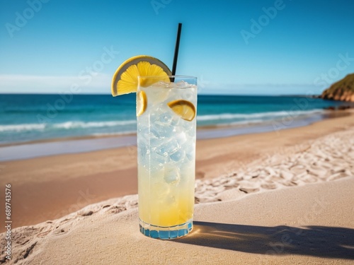 Beachside Refreshment Enjoy the Light and Fizzy Tom Collins at an Australian Beach Party. AI Generated.