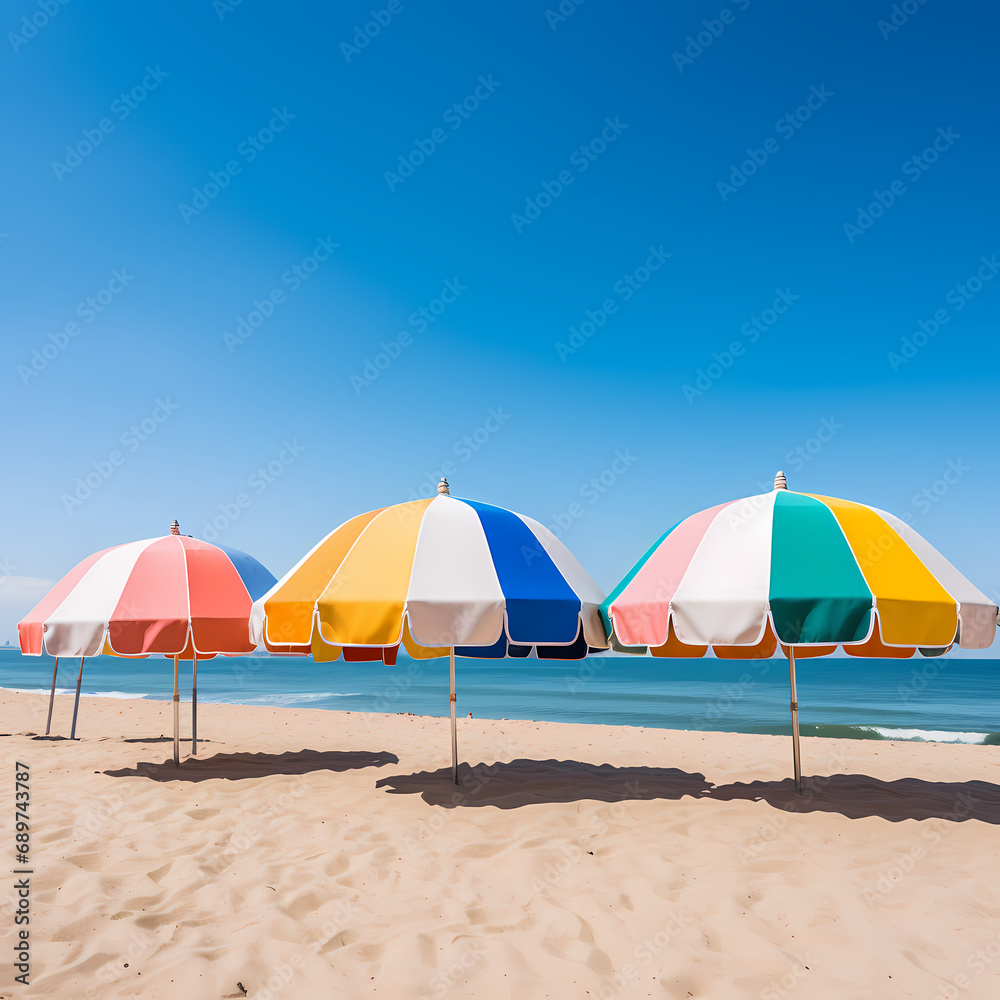 A row of colorful beach umbrellas on a sandy shore
