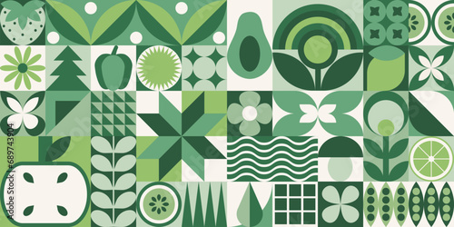 Geometric seamless floral eco pattern in green palette. Natural mosaic background with flowers, plants, fruits, vegetables and simple forms. Neo geo art. Swiss style.