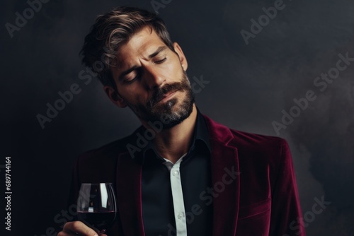 Expert sommelier holding a wine glass, showcasing sophistication and expertise against a dark background