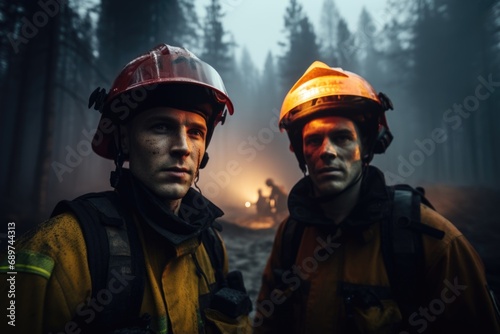 Courageous Firefighting Crew: Close-up of male firefighters determinedly facing a burning forest, showcasing their bravery