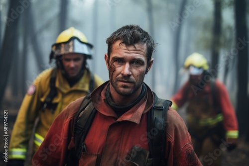 Fearless Fire Rescuers: A powerful image of male firefighters fearlessly working to rescue in the midst of a burning forest