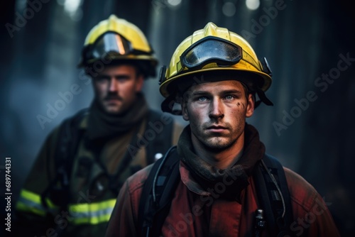 Intrepid Fire Battlers: Striking image of male firefighters standing resolute against a backdrop of a forest engulfed in flames © Konstiantyn Zapylaie