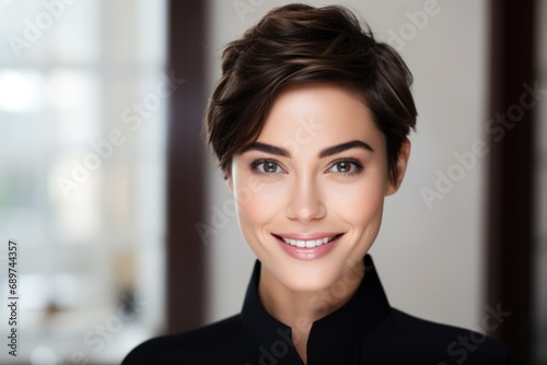 Cheerful lady savoring the atmosphere of a cafe, possibly a wine shop, with a warm smile