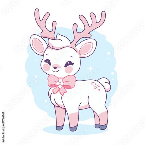 Childish vector illustration of funny Christmas deer. Cartoon hand drawn digital image. Happy New Year 2024 and Merry Christmas 2023 postcard design. Cute animal character. White background. Reindeer.