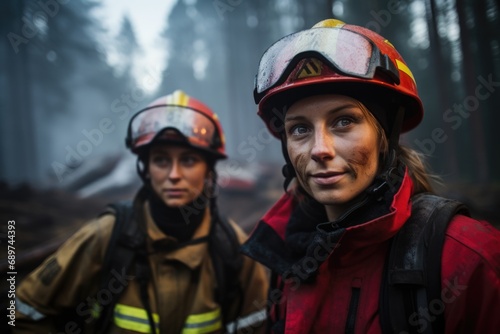 Courageous Women Battling the Blaze: Striking image of two female firefighters facing a fierce forest fire © Konstiantyn Zapylaie