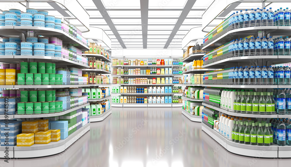 Sales area of the store with rows of shelving and display of goods. 3d illustration