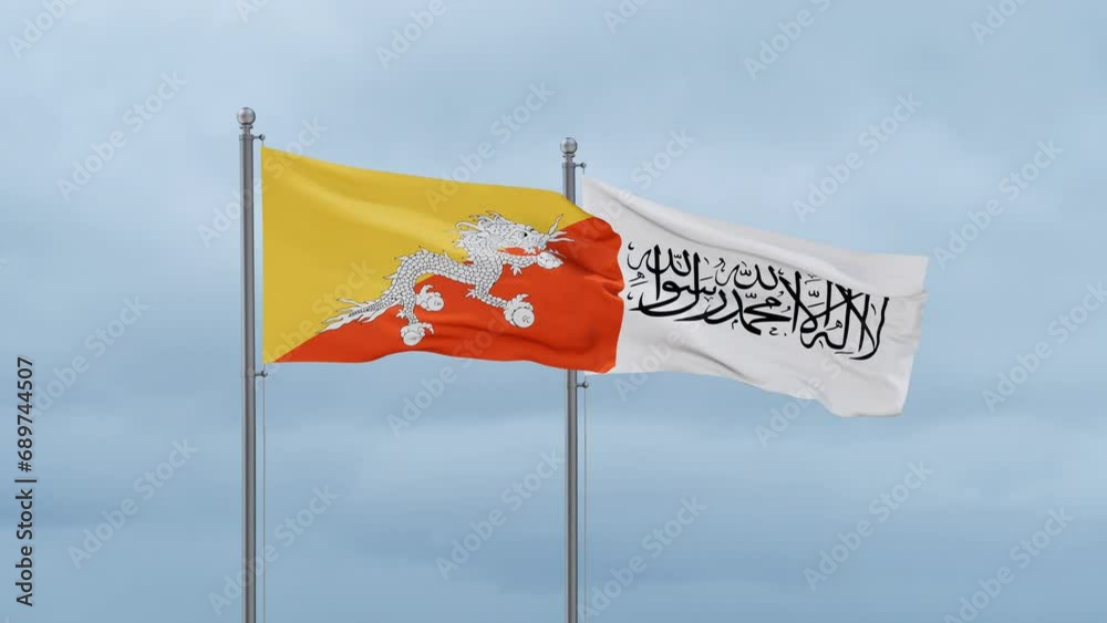 Bhutan flag and Afghanistan flag waving together on cloudy sky, endless seamless loop