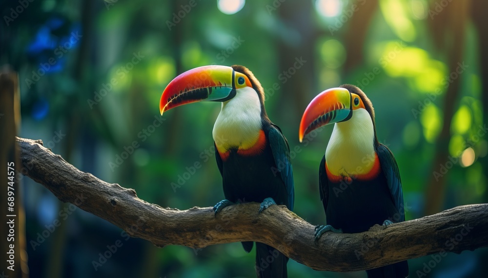 Fototapeta premium Toucan birds perched gracefully on forest branch with blurred green vegetation background