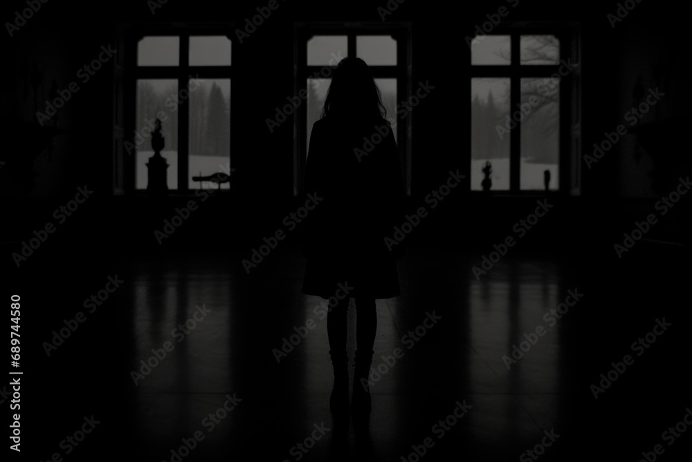 Isolated Shadows: In the dimness of an empty room, the isolated silhouette of a woman creates shadows that dance in the melancholic atmosphere of solitude