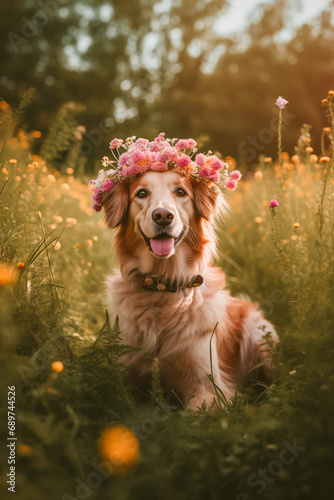 Dog with a floral wreath, outdoors