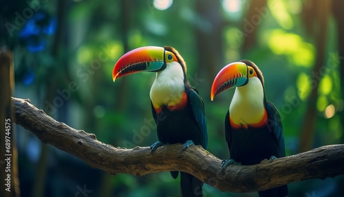 Toucan birds perched gracefully on forest branch with blurred green vegetation background