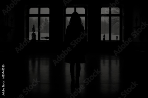 Isolated Shadows: In the dimness of an empty room, the isolated silhouette of a woman creates shadows that dance in the melancholic atmosphere of solitude