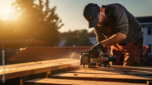 Construction worker install new roof. Roofing tools. Electric drill used on new roofs