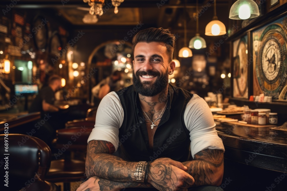Cheerful Tattoo Maven: The vibrant energy of a male tattoo artist's smile radiates in the tattoo parlor, embodying the joy of creating lasting art on skin