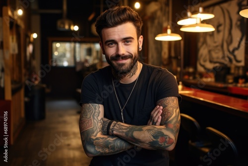 Tattoo Artisan's Grin: In a tattoo parlor's creative hub, a male artist grins happily, symbolizing the fusion of passion and artistry in the inked world.