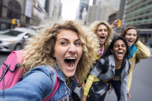 Urban Fun with Friends: A woman and her pals snap a selfie on a lively street, exuding camaraderie and the excitement of shared urban adventures