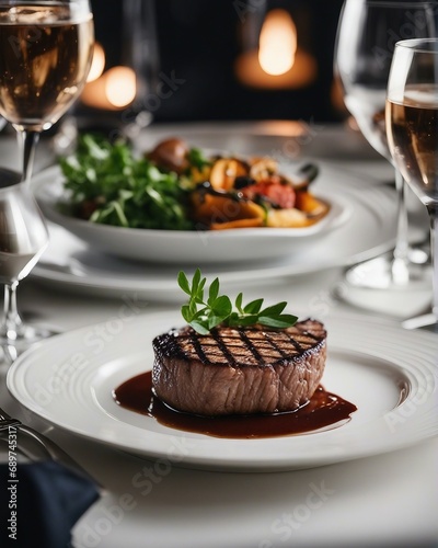 perfectly grilled steak on white plate  at luxury restaurant, bright background

