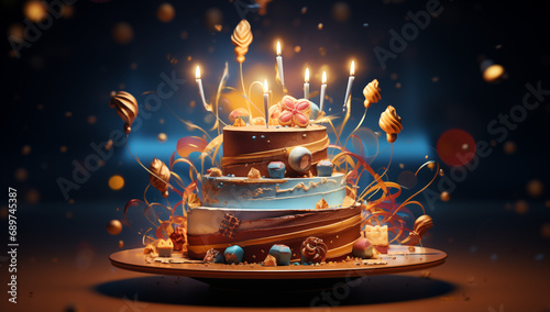 A birthday cake with icing and candles, in the style of dark amber and sky-blue, octane render, energetic and bold, dripping paint, dark brown and beige, bold lines, bright colors, flickr photo