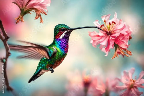 bird feeding on the pink flower abstract background 