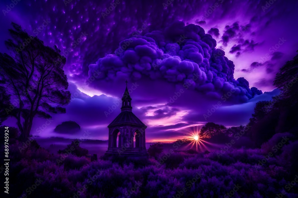 purple environment in the hut with purple cloud and scary color 