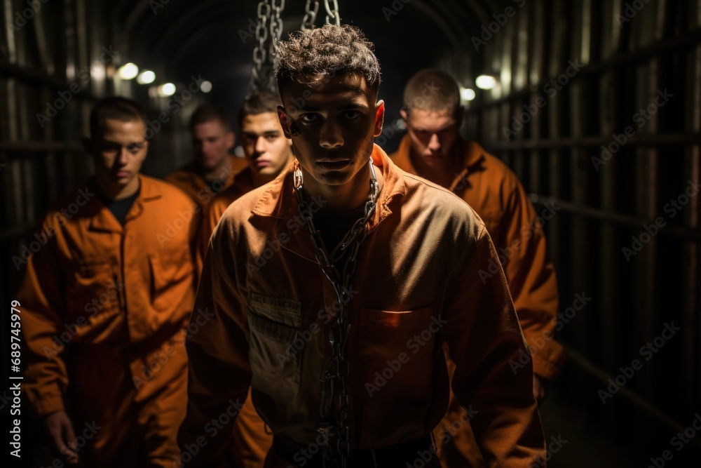 Inmates are detained in handcuffs at the prison. Inmates are detained in handcuffs at the prison.