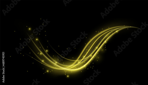 Abstract glowing background of bright yellow lines with glitter on black.