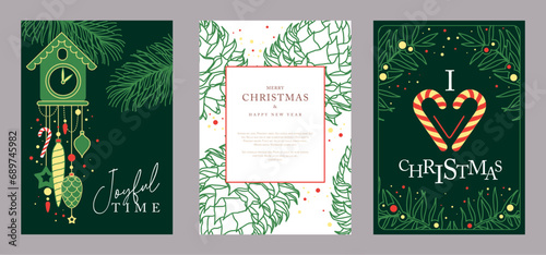 Set of Christmas holiday greeting cards or covers with christmas desoration. Vector illustration