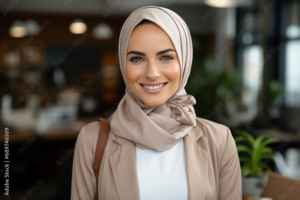A beautiful woman with a headscarf in the cafe.