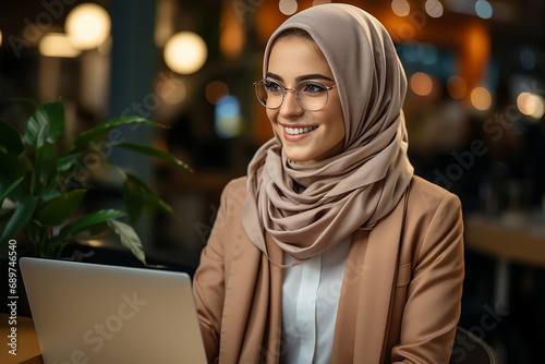 A young woman in a headscarf and glasses sitting in a cafe.
Working on laptop.