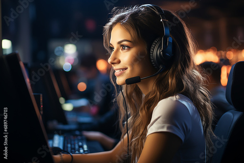 A woman providing technical support to customers with a headset at the computer. © leo10