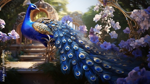 Luxurious 3D golden peacock adorned with sapphire-blue flowers in an enchanting garden