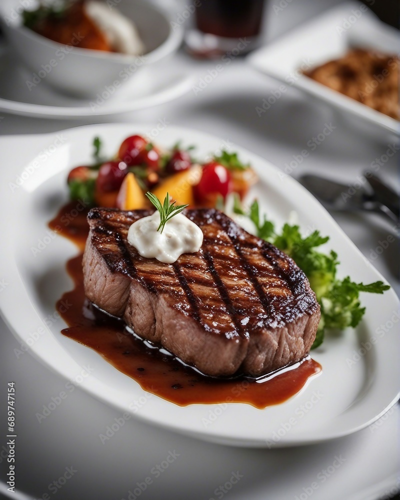 perfectly grilled steak on white plate at luxury restaurant, bright background
perfectly grilled steak on white plate at luxury restaurant, bright background