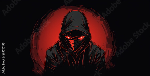 vector graphic cartoon style hooded man ,red halloween skull