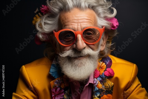 Handsome old man with gray hair and mustache and beard. Smiling happily into the camera, wearing bright colorful clothes. Aging gracefully. 