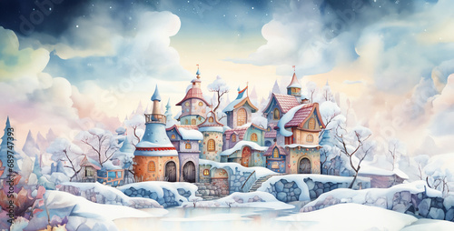 a village of houses with a santa's factory in the background, landscape with church and snow
