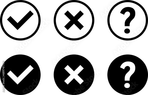 Black and White Yes or OK No or Declined Problem or Warning Flat Icon Set with Check Mark X Cross and Question Mark Symbols in Circles. Vector Image.