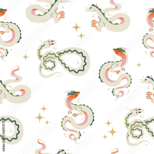 2024 Chinese new year dragon seamless pattern. Set of Chinese new year posters  greeting cards design with Chinese zodiac dragon. Chinese dragon vector illustration isolated on background