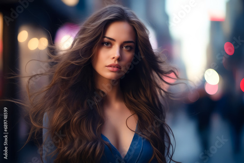 Woman with long hair standing in the street with blurry background.