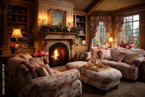 Soft, comfortable furniture, floral patterns, and a cozy fireplace