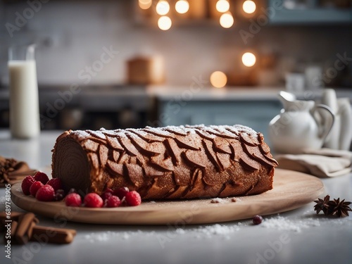 home made Yule Log cake, bright decorative kitchen background