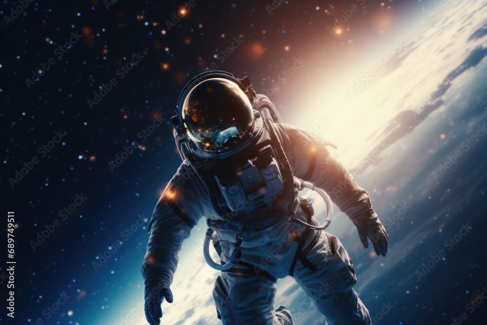 A man in a space suit floating in the air. Suitable for science fiction, space exploration, and futuristic concepts A man in a space suit floating in the air. Suitable for science fiction, space exploration, and futuristic concepts